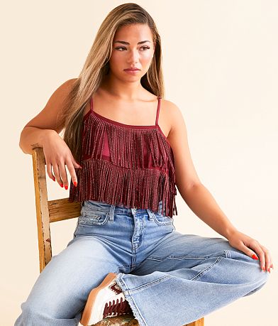 DH Apparel Rhinestone Fringe Cropped Tank Top front view