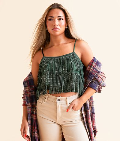 DH Apparel Rhinestone Fringe Cropped Tank Top front view