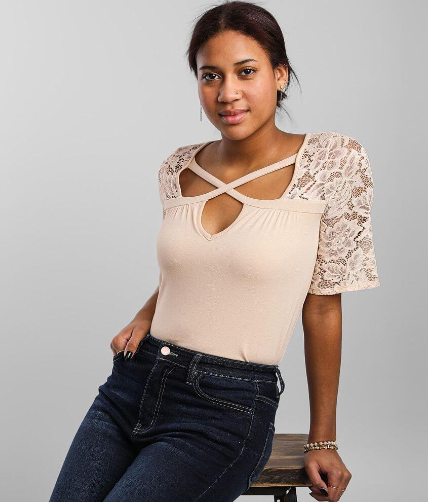 Buckle Black Shaping & Smoothing Pieced Lace Top - Women's Shirts/Blouses  in Cream