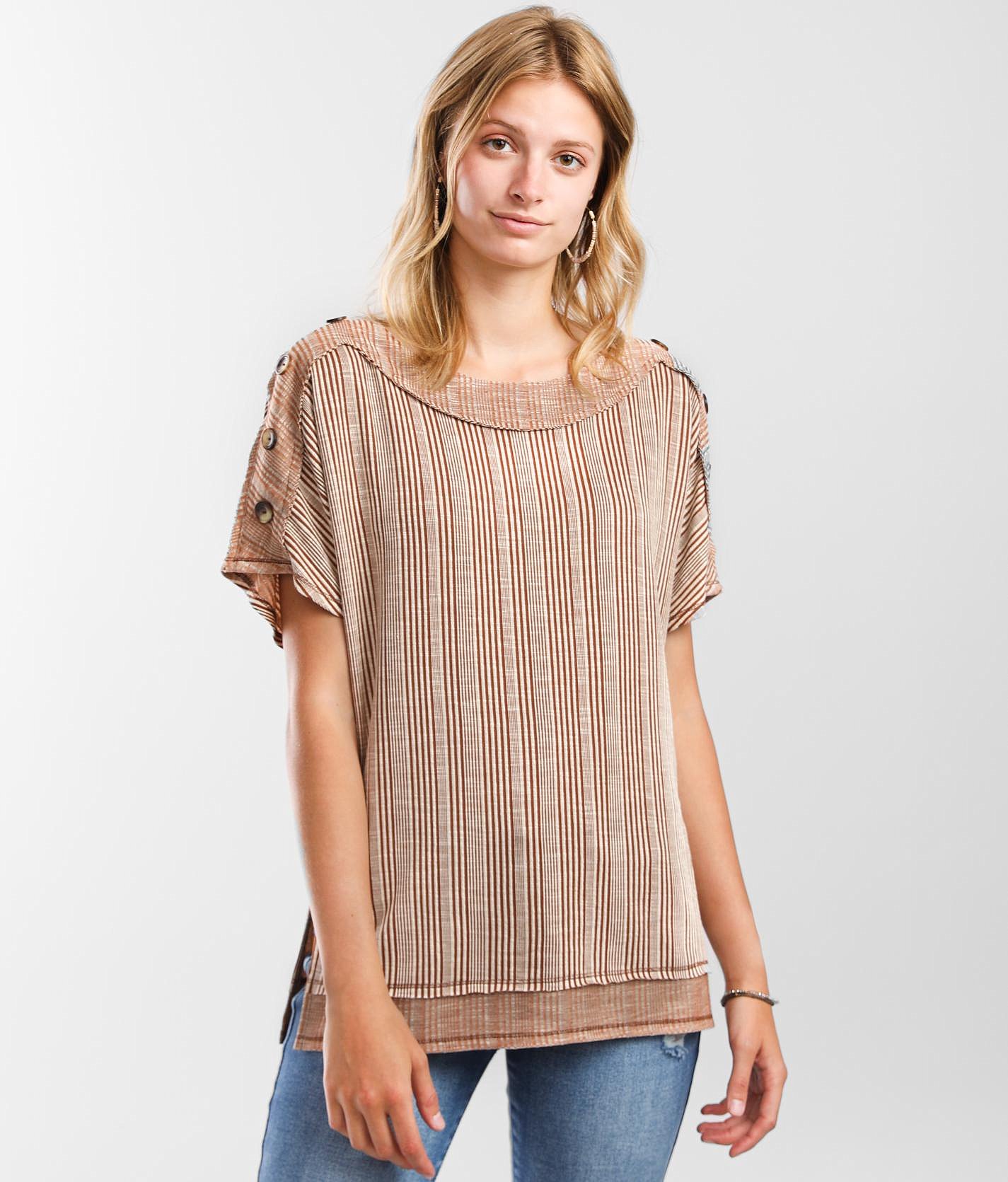 BKE Raw Edge Striped Dolman Top - Women's Shirts/Blouses In Mocha ...