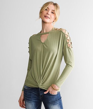 Buckle Black Ribbed Cold Shoulder Top front view