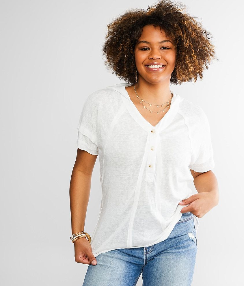 BKE Raw Edge Henley Hoodie Women s Shirts Blouses in White Buckle