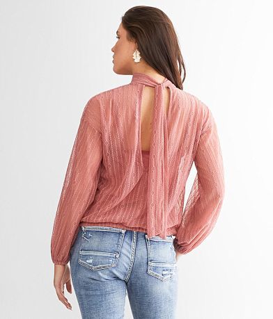 red by BKE Lace Mock Neck Top front view