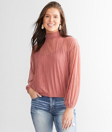 red by BKE Lace Mock Neck Top full left side view