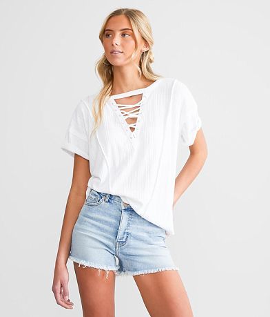 BKE Raw Edge Lace-Up T-Shirt front view