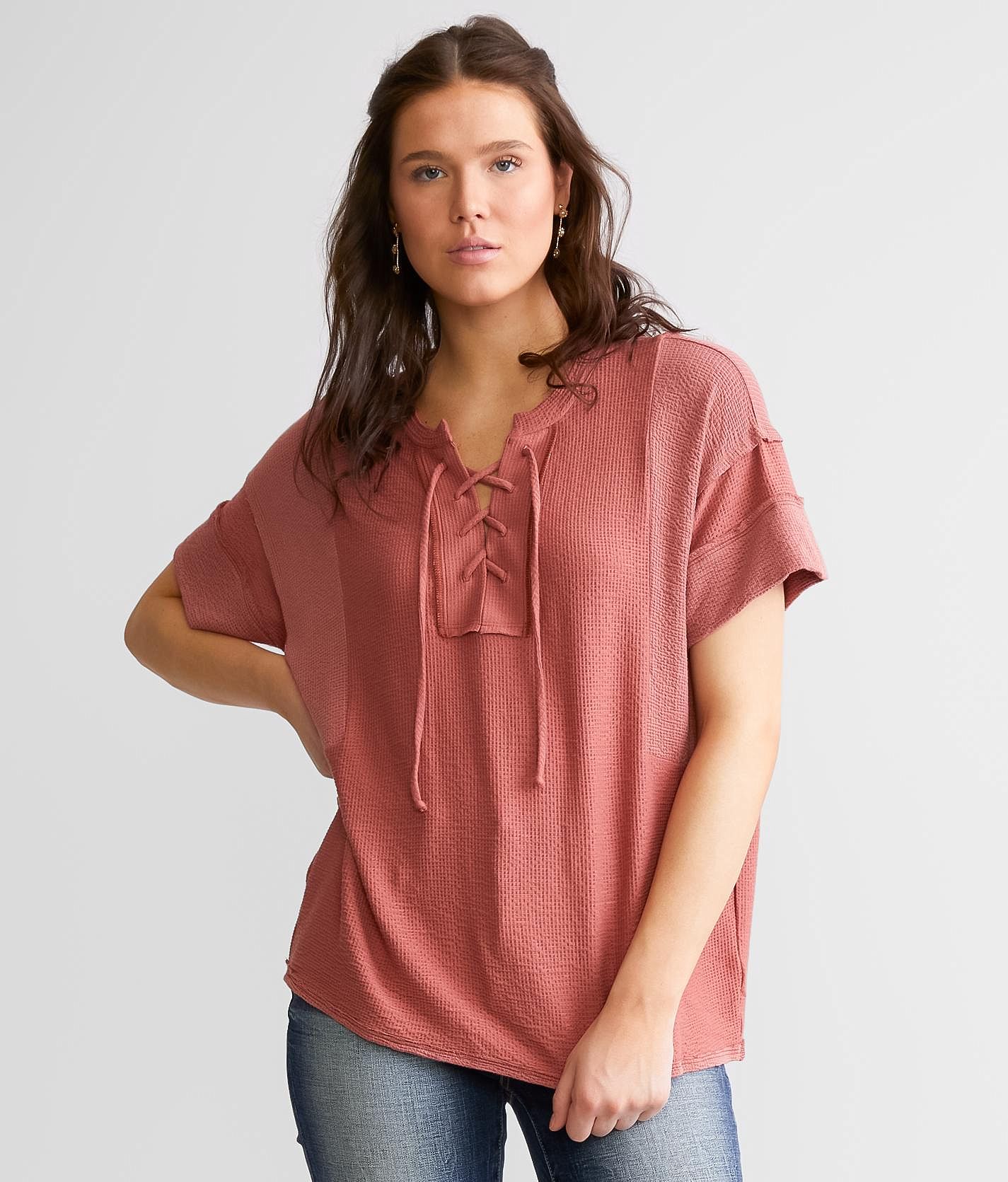 BKE Lace Up Waffle Knit Top - Women's Shirts/Blouses in Withered