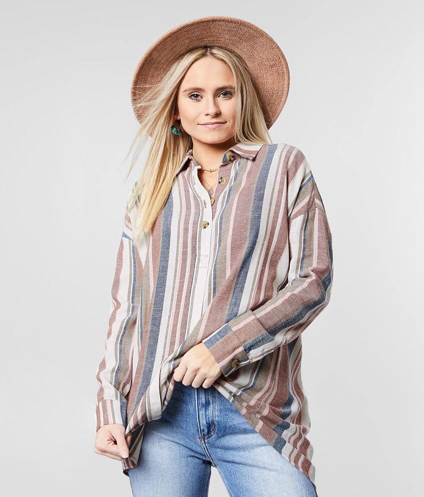 Daytrip Woven Striped Henley Top - Women's Shirts/Blouses in Multi