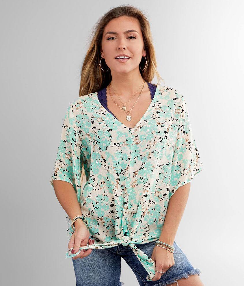 Daytrip Floral Front Tie Top - Women's Shirts/Blouses in Taupe Blue ...