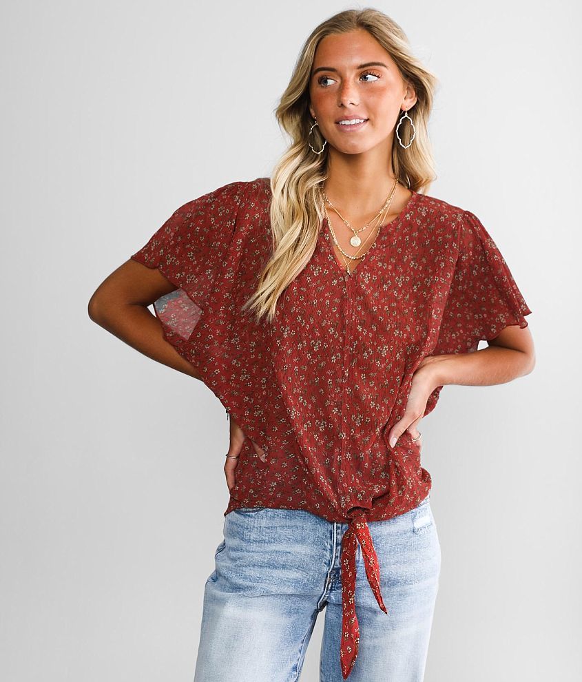 Daytrip Crinkled Chiffon Floral Top front view