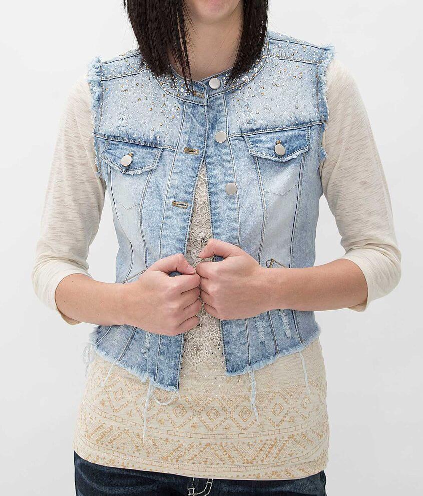 BKE Rhinestone Denim Vest front view