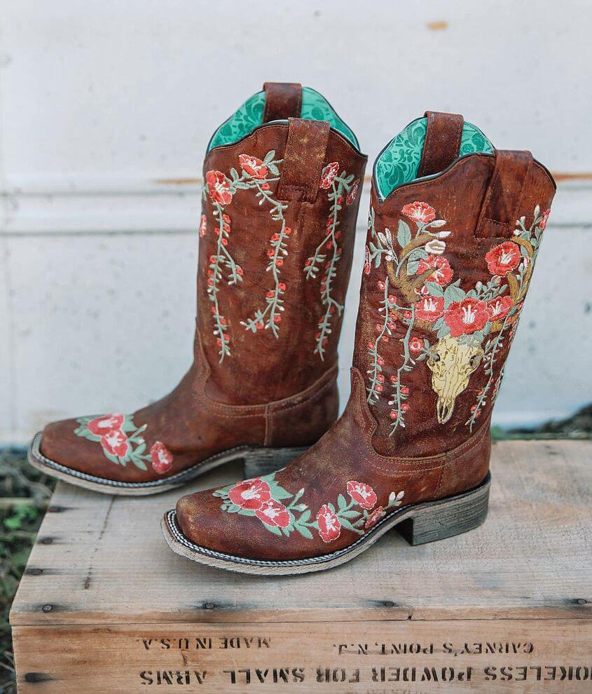 Embroidered Floral Leather Western Boot