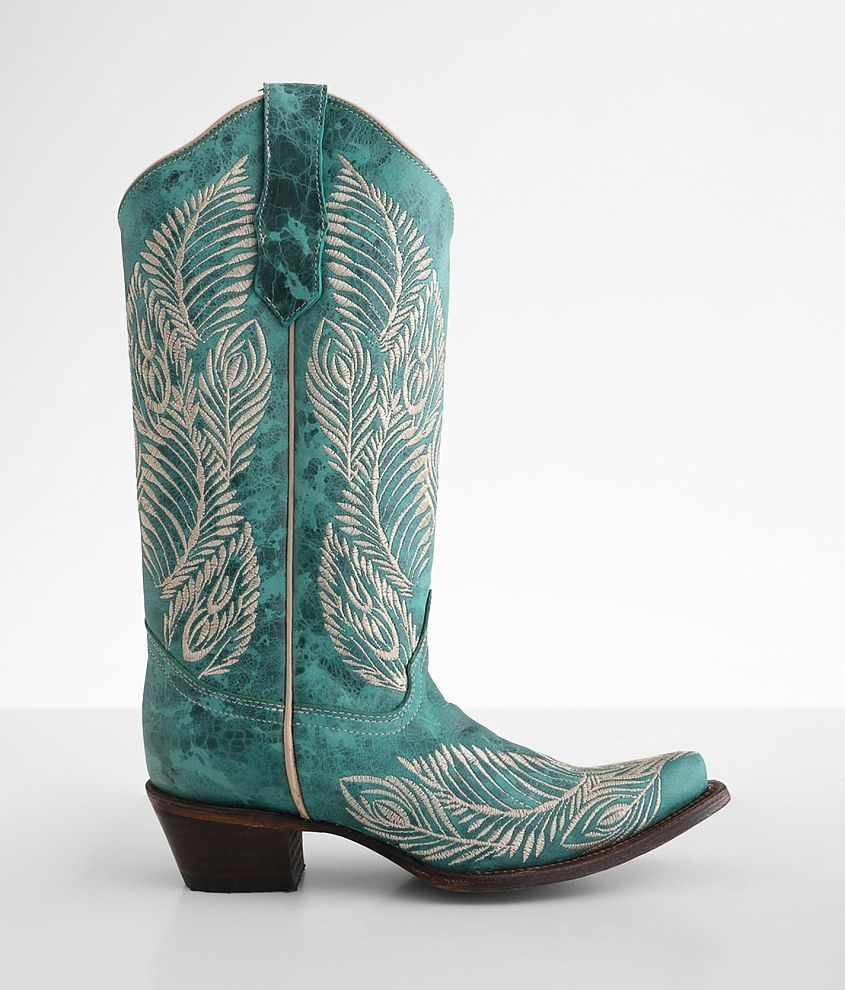 Circle G By Corral Women's Peacock Embroidered Beige & Turquoise Leather  Western Boot - Broad Square Toe