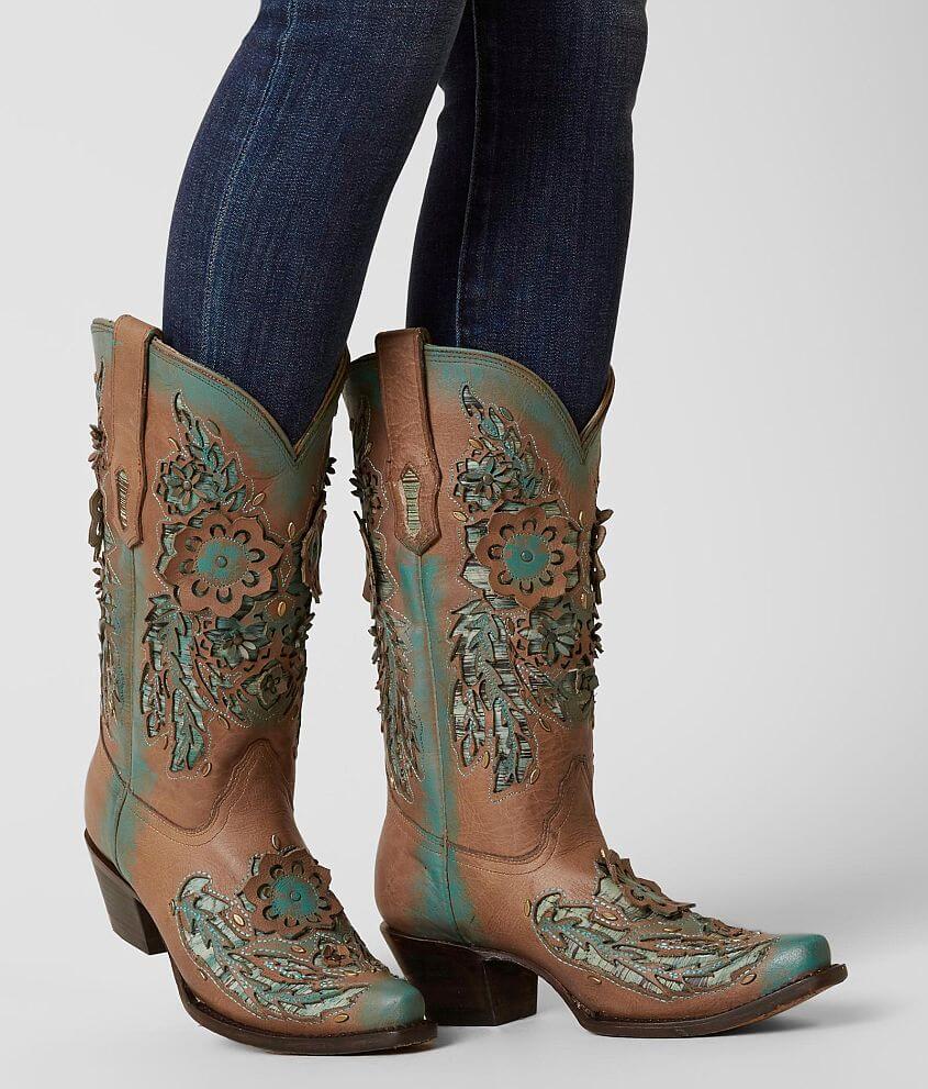 Corral Laser Cut Leather Western Boot - Women's Shoes in LD Brown Blue
