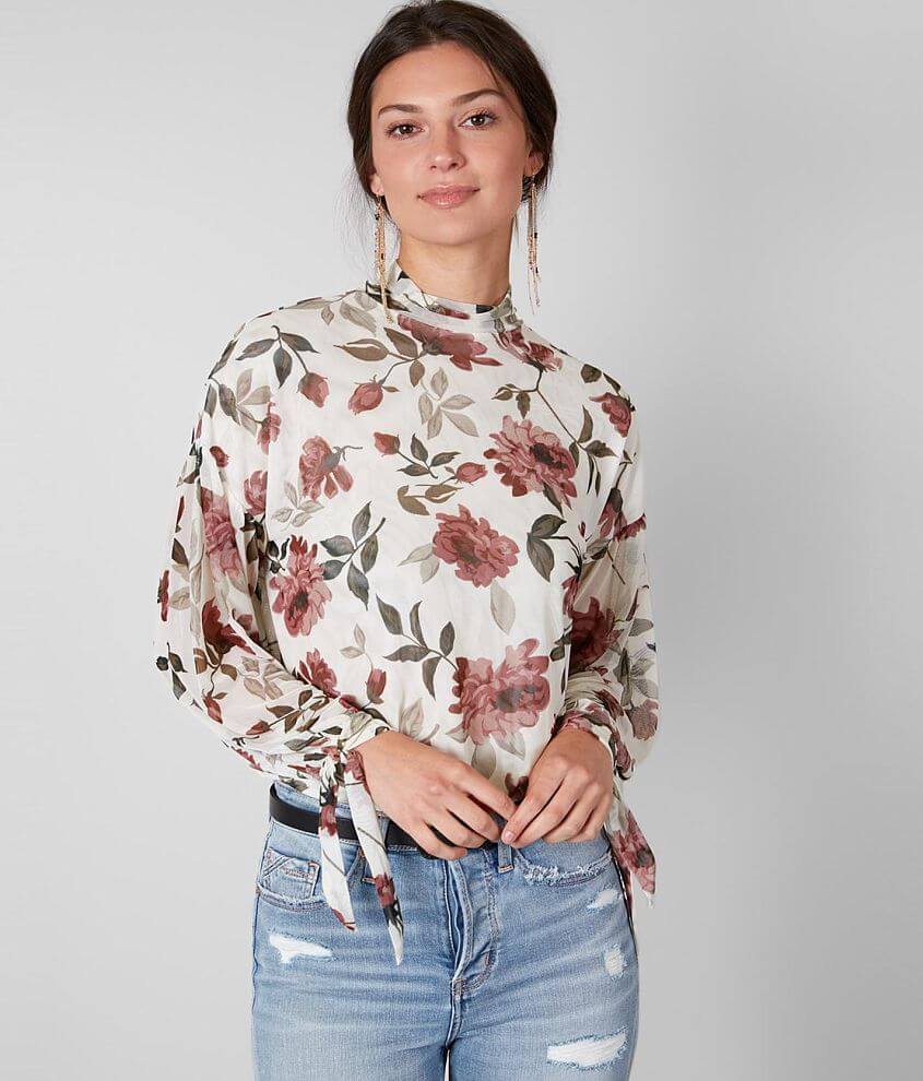 Buckle Black Floral Mesh Mock Neck Top Women s Shirts Blouses in