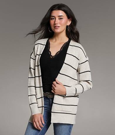 BKE Cable Striped Cardigan Sweater front view
