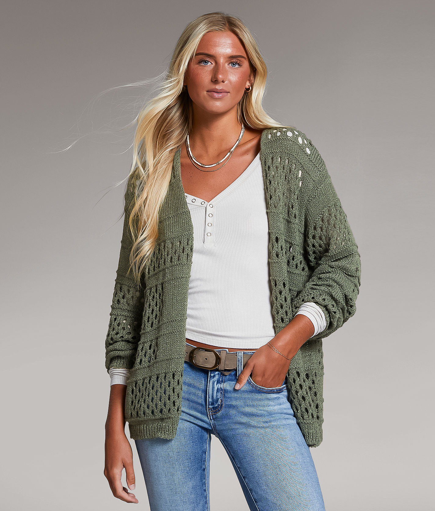 BKE Pointelle Cardigan Sweater - Women's Sweaters in Thyme | Buckle