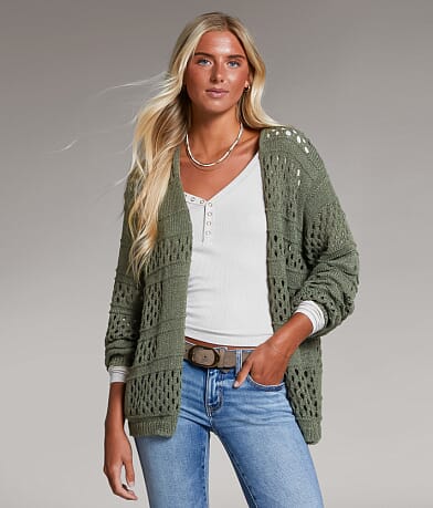 BKE Pointelle Cardigan Sweater front view