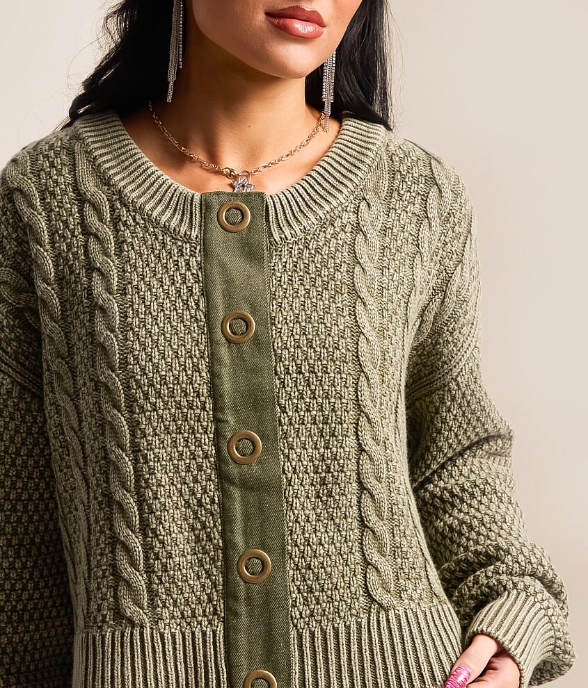 Cable Knit Acid Washed Cardigan Sweater - thumbnail 6