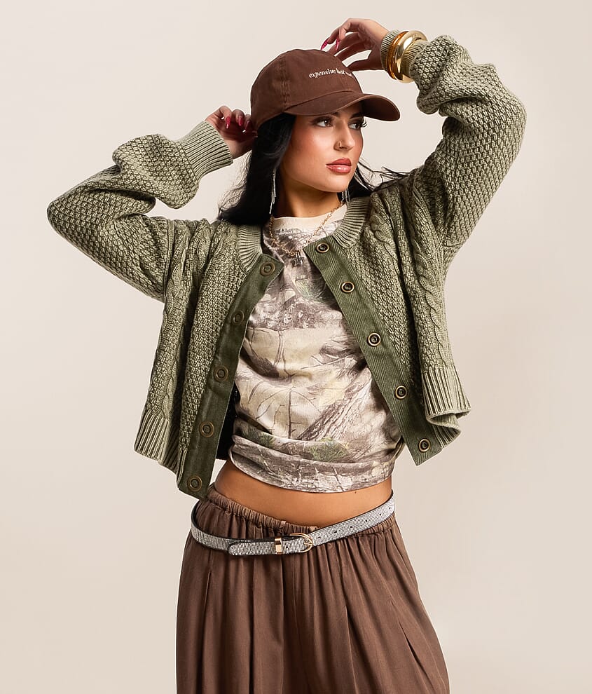 Cable Knit Acid Washed Cardigan Sweater
