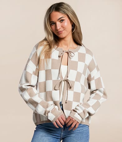 Willow & Root Checkered Front Tie Cardigan Sweater front view