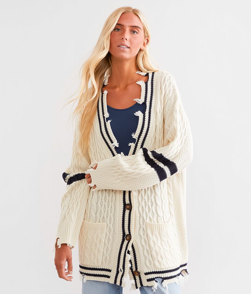 BKE Destructed Varsity Oversized Cardigan Sweater front view