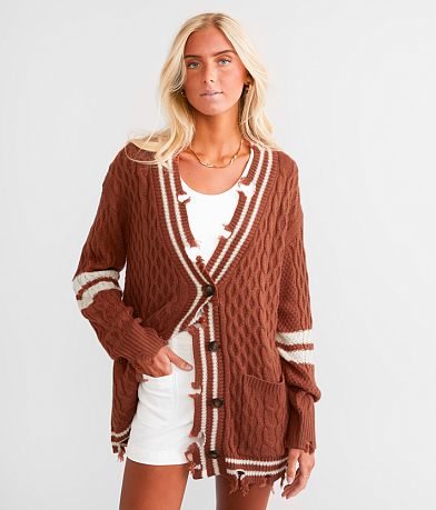 BKE Destructed Varsity Oversized Cardigan Sweater front view