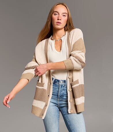 BKE Striped Cardigan Sweater front view