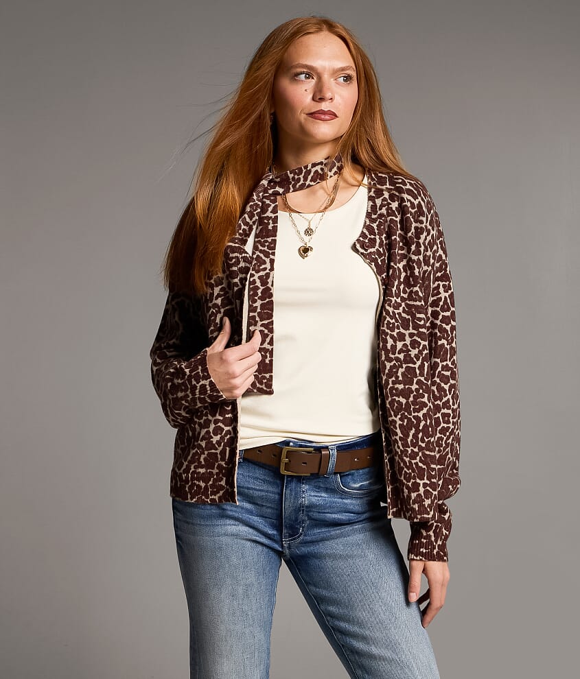 Cheetah Cardigan Sweater With Scarf