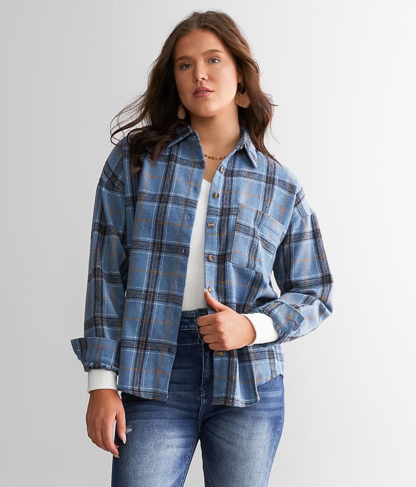 BKE Brushed Knit Flannel Shirt - Women's Shirts/Blouses in Blue