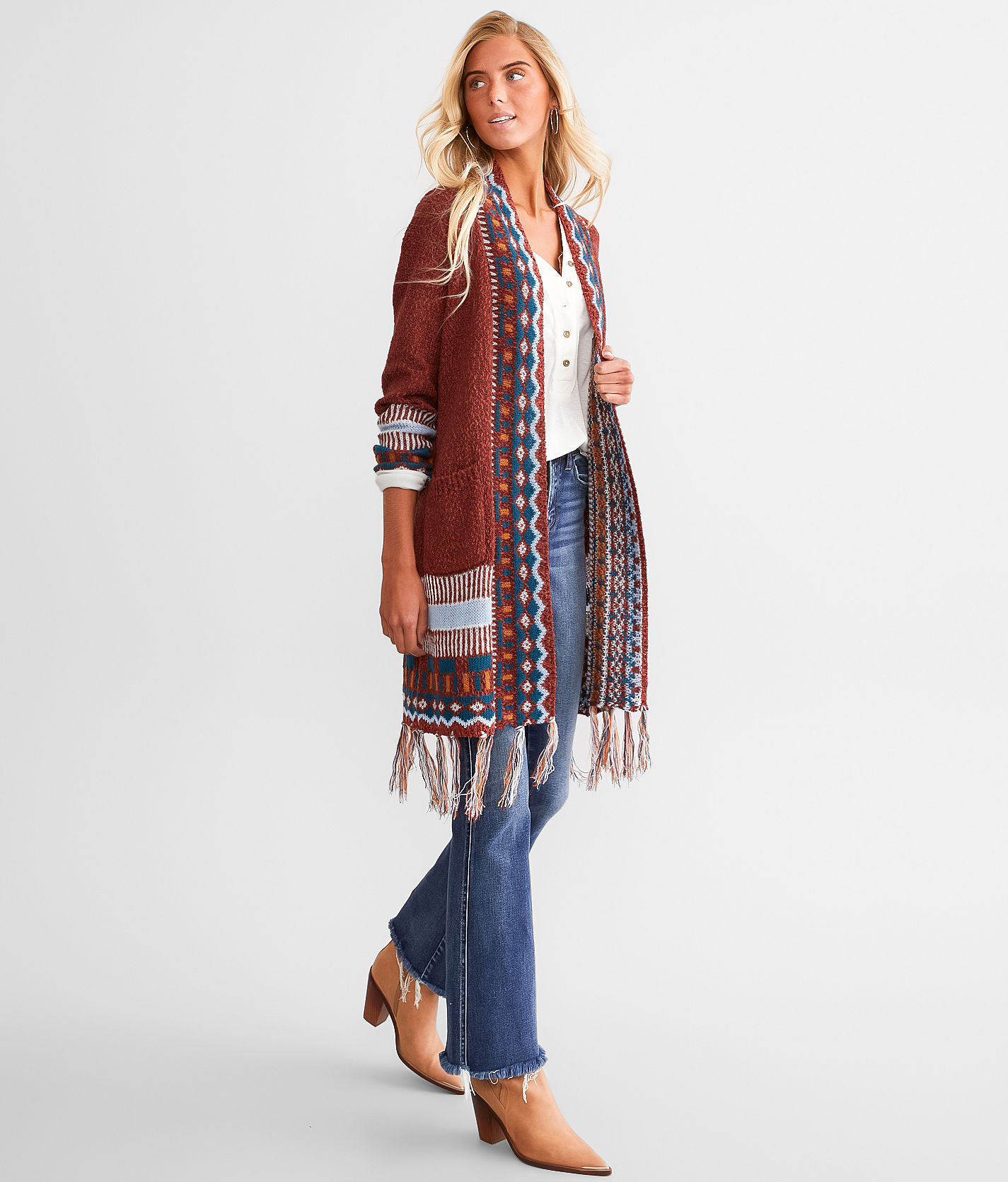 Geo Print Fringe Cardigan Sweater