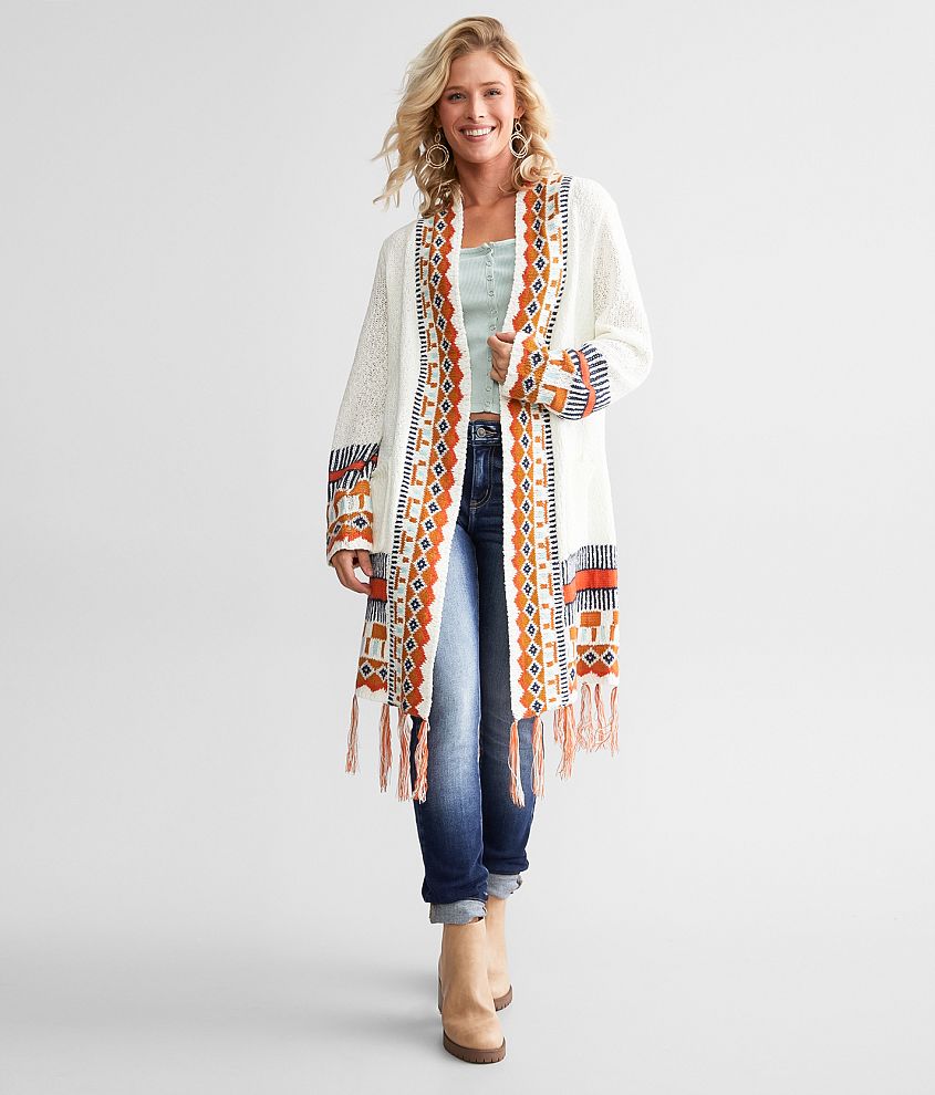 BKE Geo Print Fringe Cardigan Sweater front view