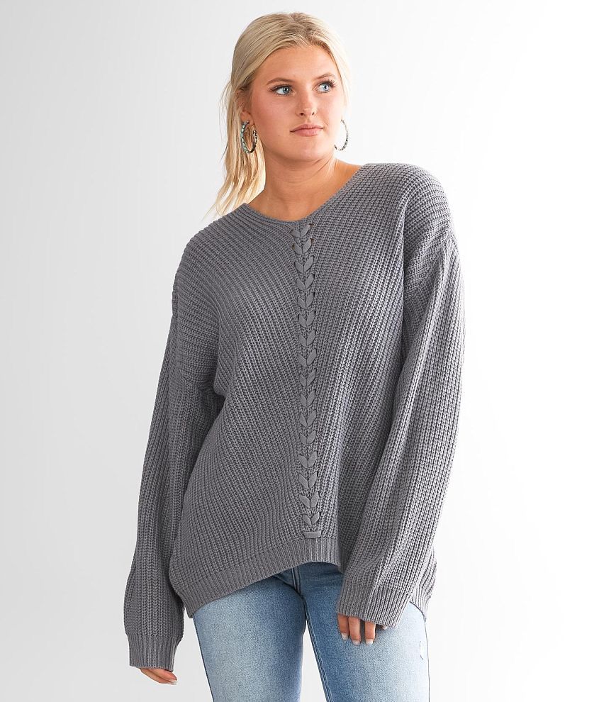 Daytrip Lace Up Ribbed Sweater Womens Sweaters In Grey Buckle