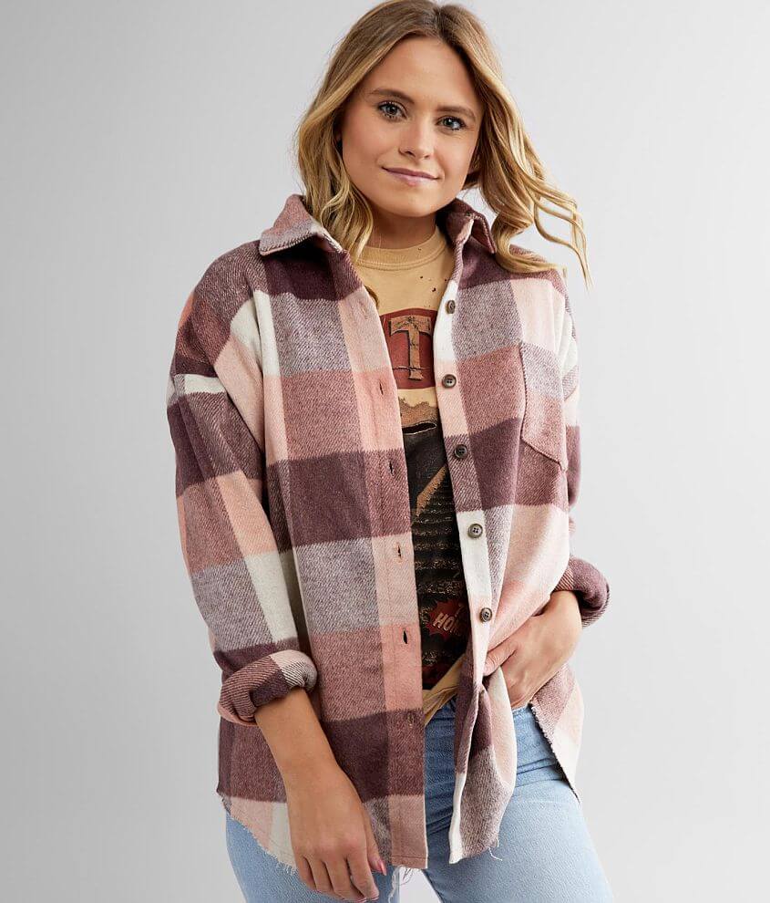 BKE Checkered Plaid Brushed Knit Shacket Women's Coats/Jackets in