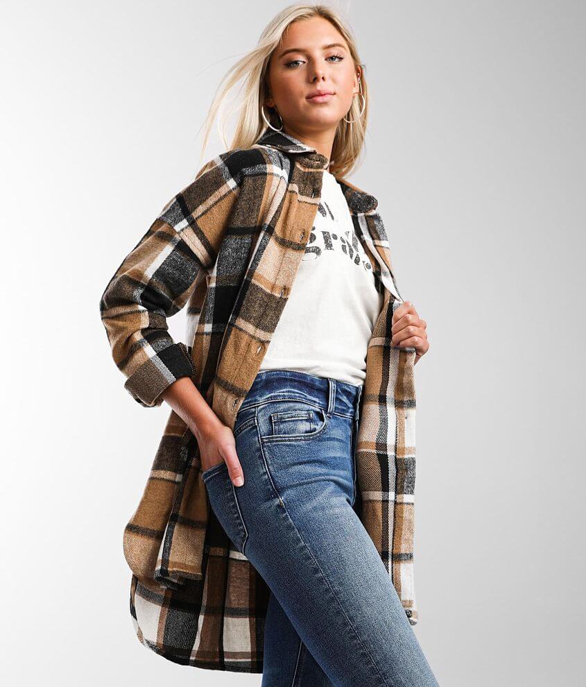 BKE Plaid Fleece Shacket - Women's Coats/Jackets in Black Tan Cream