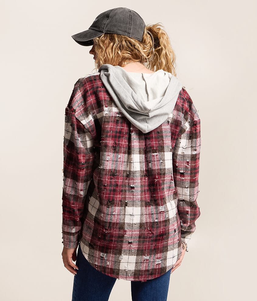 Destructed Flannel Hooded Shirt - thumbnail 3