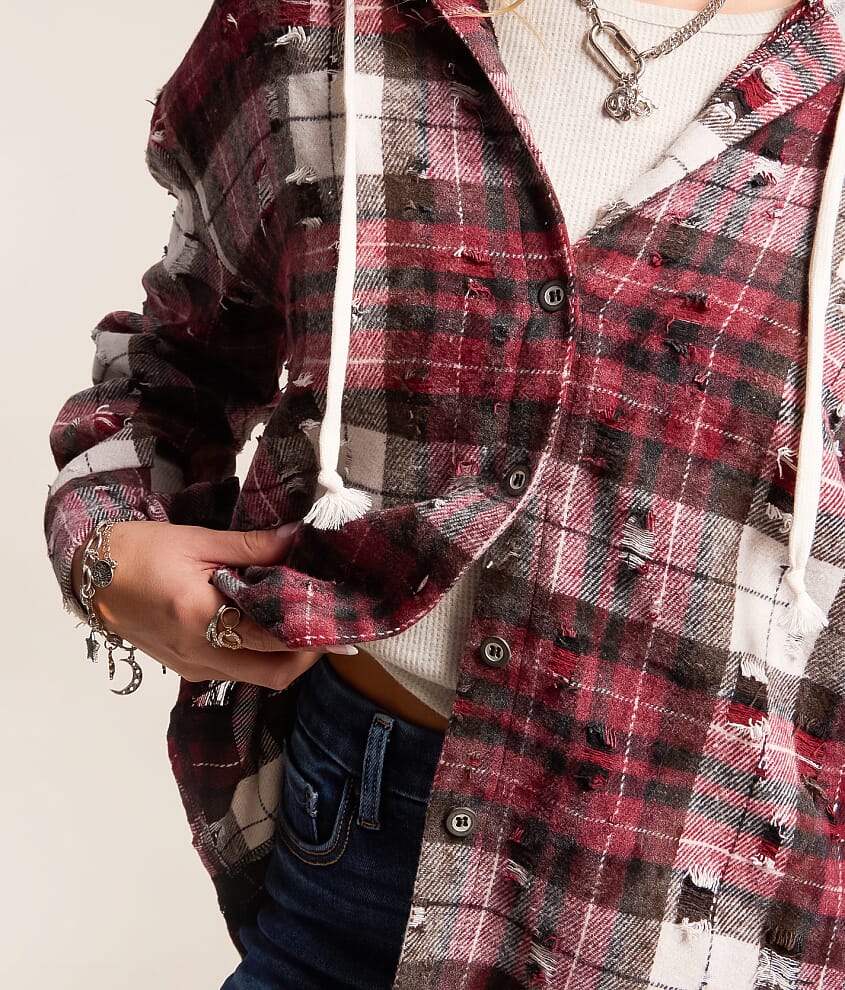 Destructed Flannel Hooded Shirt - thumbnail 4