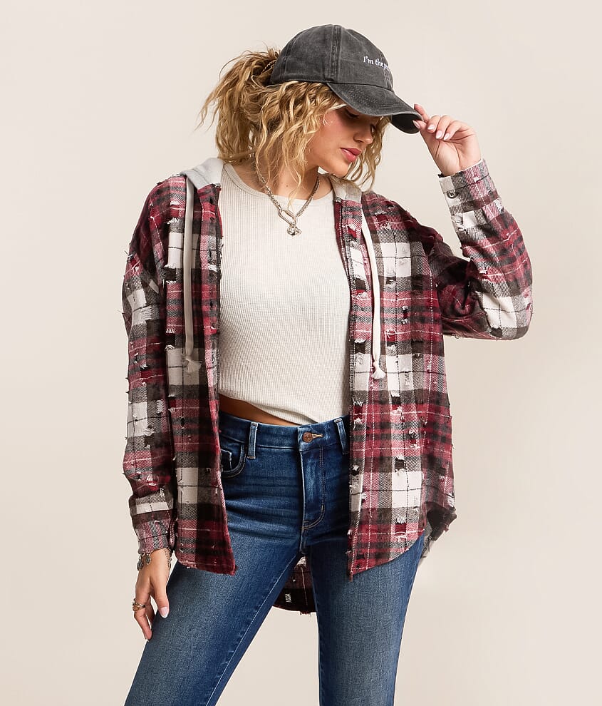 Destructed Flannel Hooded Shirt
