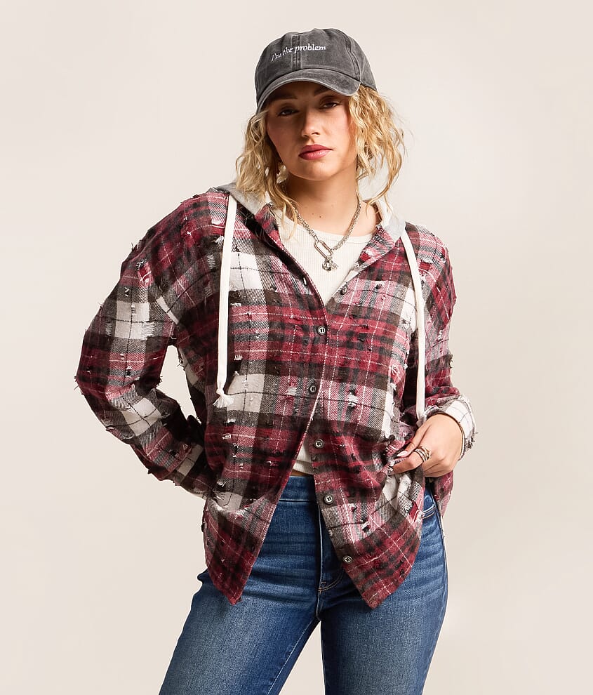 Destructed Flannel Hooded Shirt - thumbnail 2