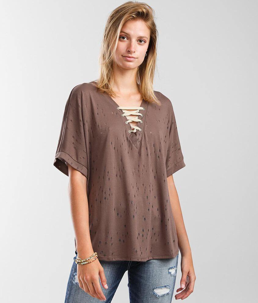 BKE Tattered Lace Up T Shirt Women s T Shirts in Deep Taupe Buckle