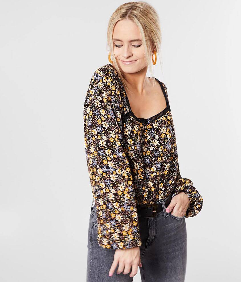 Daytrip Floral Print Faux Henley Top front view
