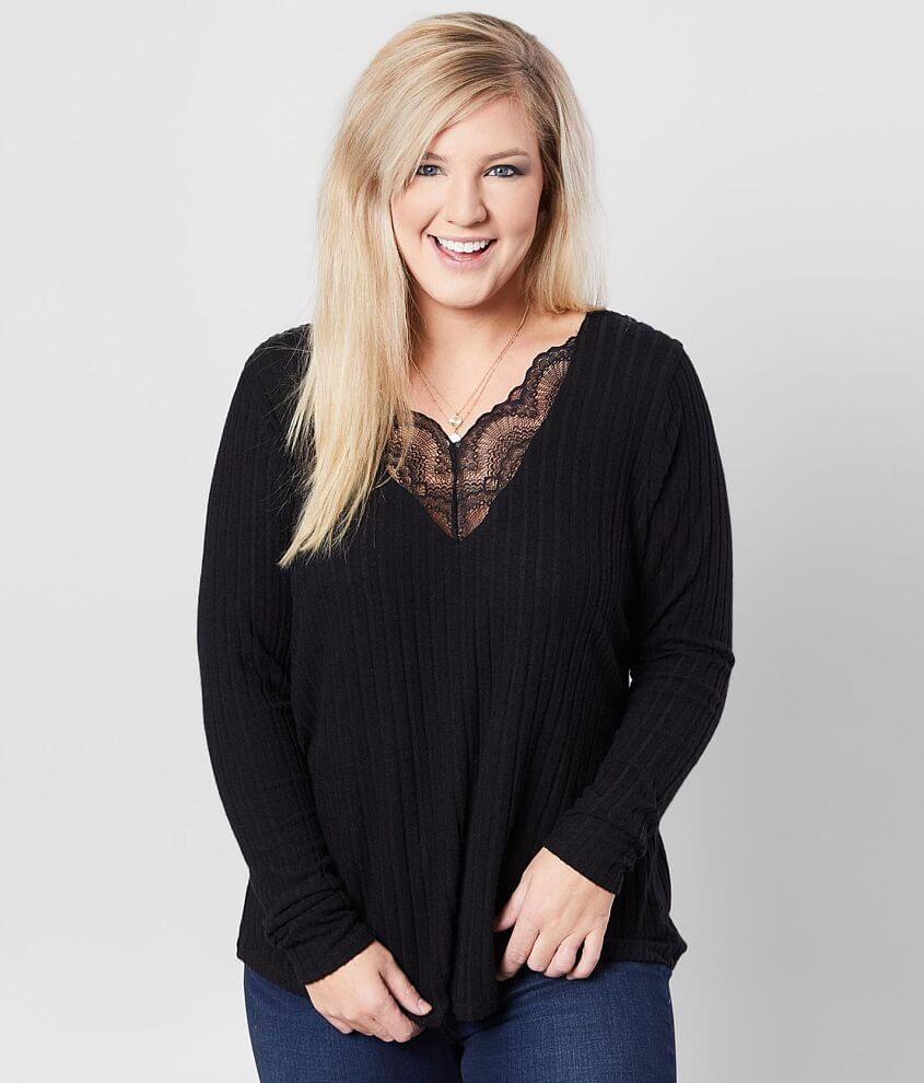Daytrip Ribbed Lace Trim Top - Plus Size Only front view