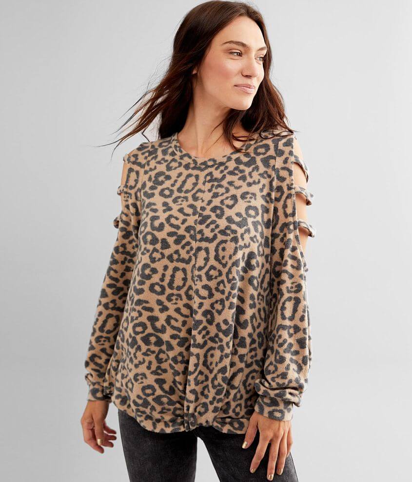 Daytrip Cheetah Print Strappy Cold Shoulder Top front view