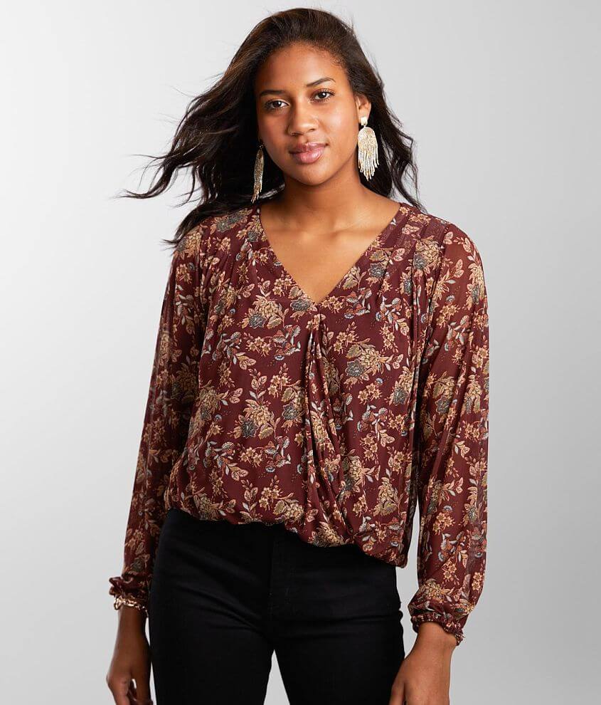 Women's Boho Black & Pink Floral Chiffon Surplice Blouse