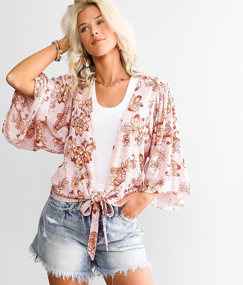 Floral Print Front Tie Kimono