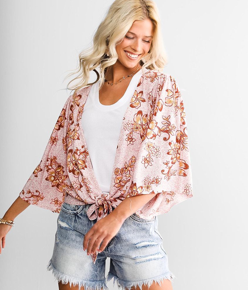 Daytrip Floral Print Front Tie Kimono Womens Kimonos In Mauve Buckle 