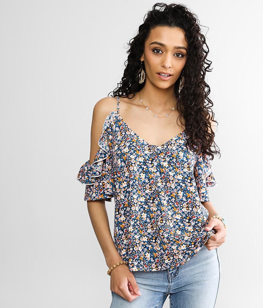 Daytrip Floral Cold Shoulder Top - Women's Shirts/Blouses in Navy Combo ...