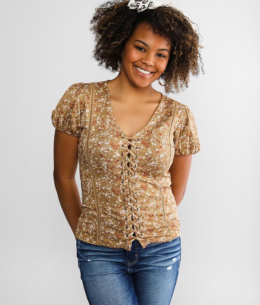 Daytrip Lace-up Puff Sleeve Top front view