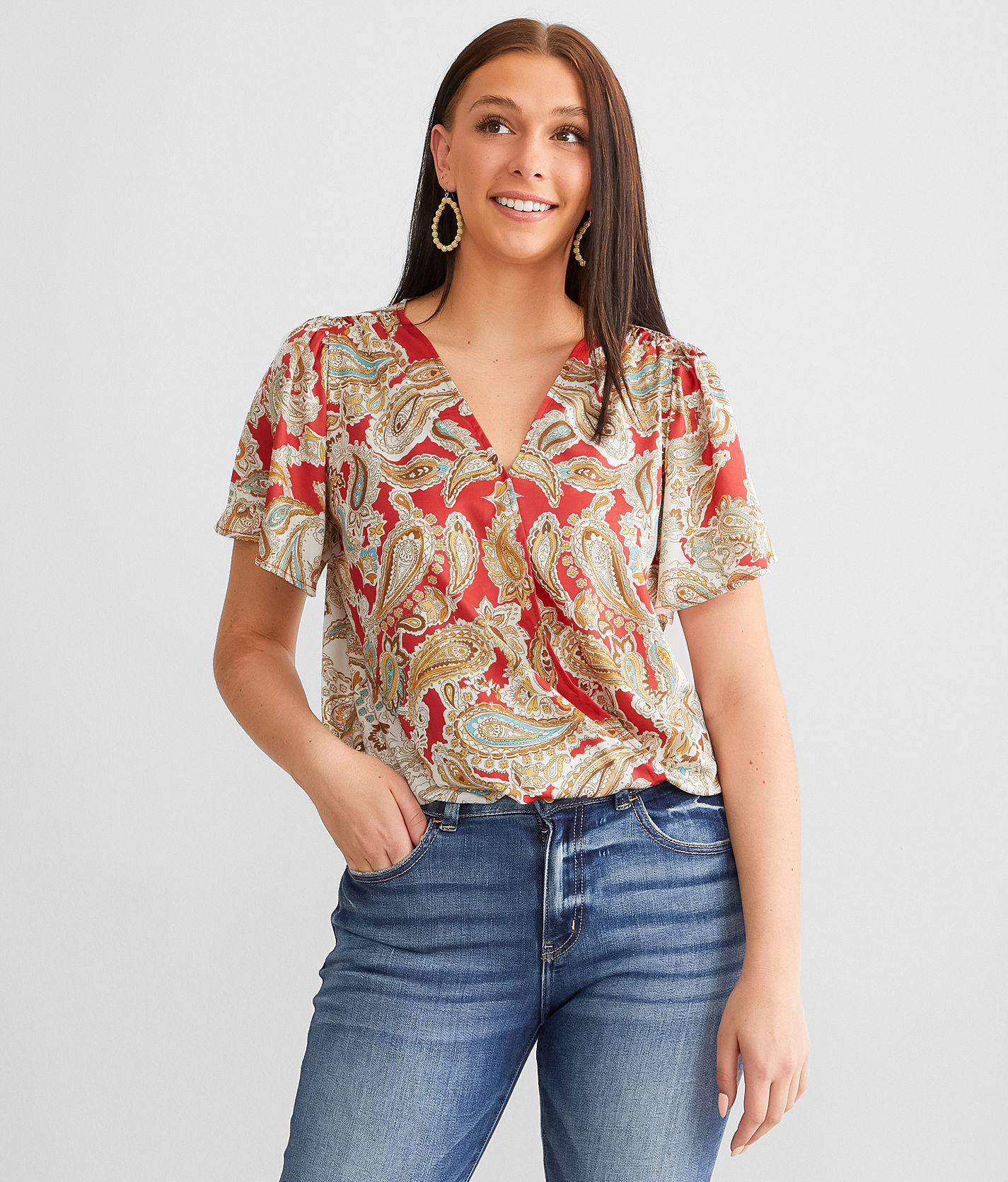 Daytrip Satin Surplice Top Women s Shirts Blouses in Multi Buckle