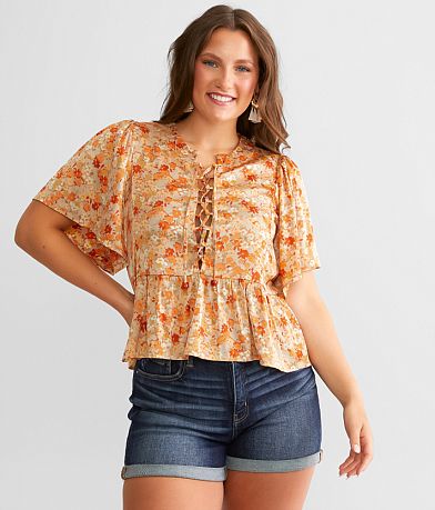 Daytrip Floral Satin Peplum Top front view