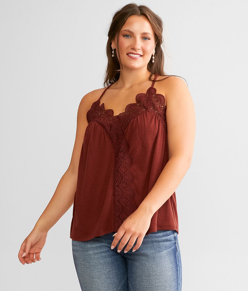 Daytrip Crochet Lace Trim Tank Top - Women's Tank Tops in Madder Brown